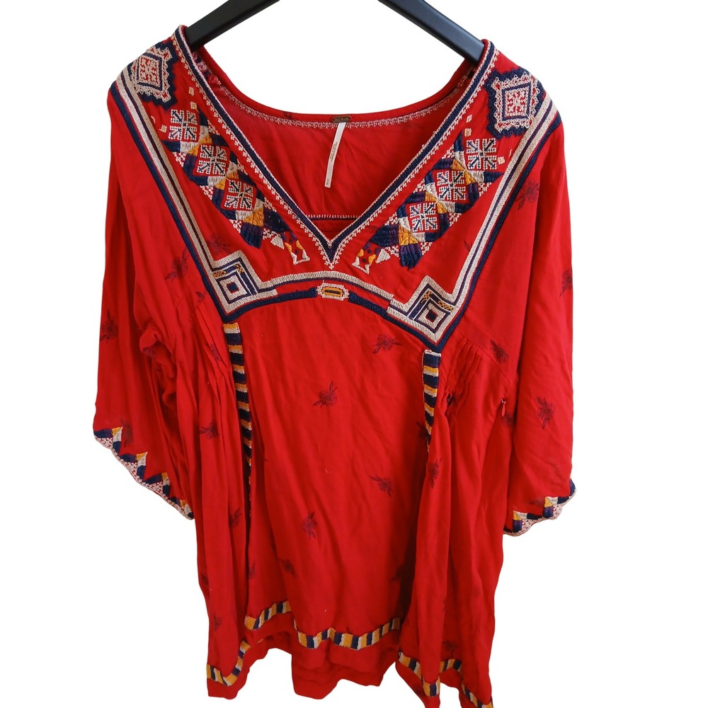 Free People Red Embroidered‎ V Neck Bell Sleeve Tunic Top mini dress Size S